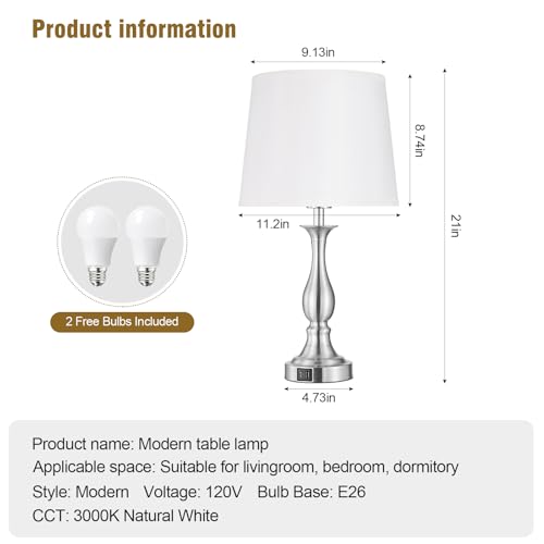 Bedside Table Lamp Touch Control Bedroom Lamps with USB A + C Charging Port 3 Way Dimmable Touch Lamps for Nightstand Living Room Bedroom Dorm Home Office Reading, Set of 2 (White Shade & Nickel Base) - color: White Shade & Nickel Base