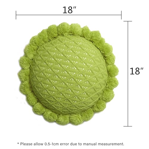 Acrylic Knitted Round Throw Pillow Knitting Bohemian Circular Cushion Pillow with Knit Handmade Pompoms Decorative Apple Green, Diameter 18inches - color: Apple Green