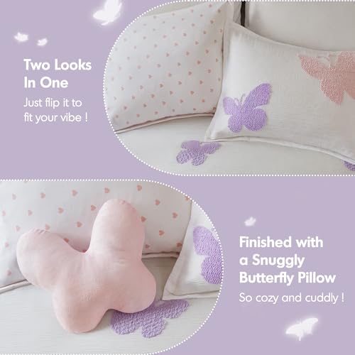 Intelligent Design Kids Rio Full/Queen Comforter Set – Girls’ Reversible Tufted Chenille Bedding with Pastel Purple Butterflies and Pink Dot, 4pcs - color: Multicolor, size: F/Q Comforter