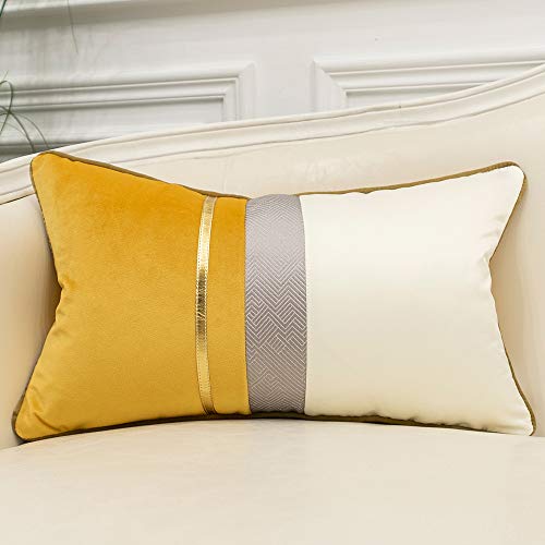 Avigers 12 x 20 Inches Yellow White Gold Leather Striped Patchwork Velvet Cushion Case Luxury Modern Throw Pillow Cover Decorative Pillow for Couch Living Room Bedroom Car - color: Yellow, size: 20" x 12" (Pack of 1)