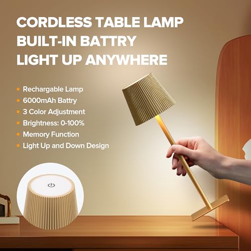 LUTEC 4 Pack Cordless Table Lamp,6000mAh Rechargeable Battery Operated Desk Lamp,Two Adjustable Heights,Waterproof, Touch Control & 3 Color Stepless Dimming for Restaurant/Bedroom/Bars/Outdoor (Gold) - color: Gold