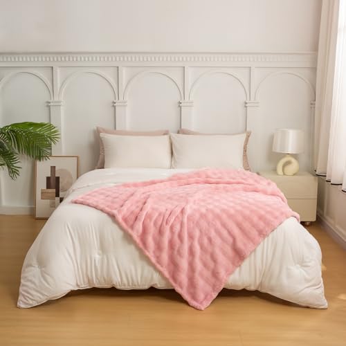YUSOKI 3D Fleece Bubble Throw Blanket | 380GSM Ultra Soft Fluffy Plush | Non-Shedding Lightweight Cozy Blanket for Couch Sofa Bed | All Season(Light Pink,50 * 60inches) - color: Light Pink, size: Throw(50" x60")