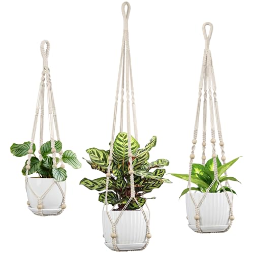Macrame Plant Hanger - Fits 4-15 Inch Pots, 43"/35"/29" Different Sizes Set, Hanging Planter Holder for Indoor Outdoor, Cotton Rope Boho Home Decor, Ivory - color: Ivory, size: 43+35+29in