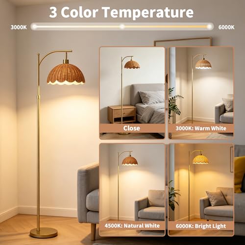 Arc Floor Lamp for Living Room, Gold Boho Floor Lamp with Hand-Woven Rattan Flower Shade, Farmhouse Standing Lamp with Remote & 3 Color Temp Bulbs, Height Adjustable Tall Lamp for Bedroom Corner - color: Gold