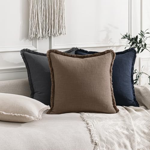 ANRODUO Set of 2 Decorative Throw Pillow Covers 18×18 Inch Soft Linen Fringe Farmhouse Boho Vintage Cushion Covers with Tassels Accent Pillowcase for Couch Sofa Bed Living Room Home Decor Cocoa Brown - color: Cocoa Brown, size: 18" x 18" (Pack of 2)