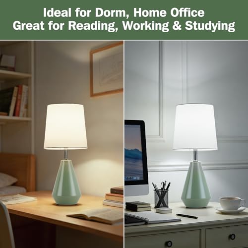Small Bedside Table Lamp for Bedroom - Reading Desk Lamp with 3 Color Temperatures，15.5" Nightstand Ceramic Lamp with Fabric Shade for Kids Room,Living Room,Dorm,Home Office (Green+White) - color: Green+White, size: 15.5"