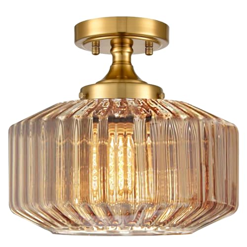 Flush Mount Light Fixture 11.02" Farmhouse 1 Light Ceiling Fixture with Amber Striped Hand Blown Glass Shade, E26 Base for Kitchen, Dining Room, Hallway - color: Amber