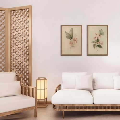2pcs Vintage Butterfly Floral Framed Canvas Wall Art Antique Botanical Prints With Retro Butterfly And Pink Flower Oil Painting Decor For Living Room Bedroom Office 12x16in - color: Retro butterfly flower, size: 12x16in