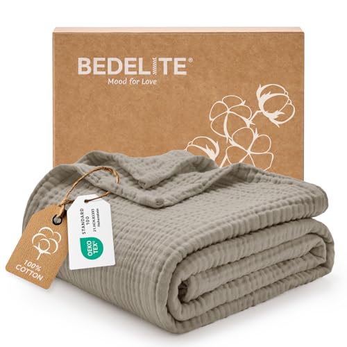 BEDELITE 100% Cotton Muslin Blankets for Adults - 4-Layer Large Throw Breathable and Lightweight Gauze Blanket for Couch, Bed, Travel and Summer, Soft & Cozy Gift for Women, Taupe, 50"x70" - color: Taupe, size: Throw XL(50"x70")