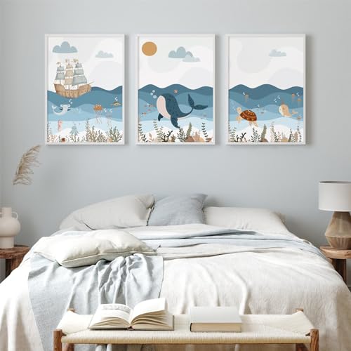 Ocean Nursery Wall Art Pictures Blue Nautical Canvas Art Beach Animal Wall Decor Baby Boys Room Wall Art Sea Whale Prints Ocean Nautical Poster for Nursery Baby Room 12x16 Inch Set of 3 Unframed - color: Ocean Nursery Prints, size: 12x16 Inch Unframed