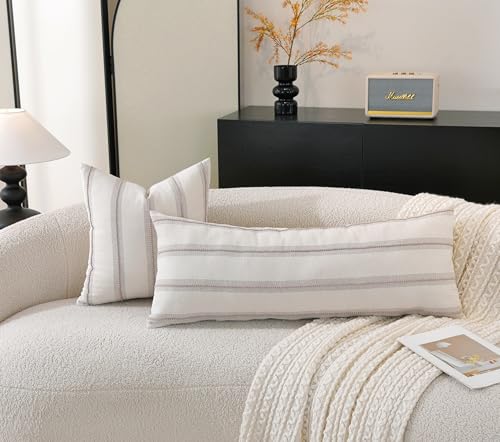 Cethom Boho Lumbar Pillow Covers 14x36 Long, Pack of 1, Taupe Striped Decorative Body Pillowcase for Couch Bed, Textured Farmhouse Accent Cushion Covers for Living Room Bedroom Sofa Home Decor - color: Taupe, size: 36" x 14" (Pack of 1)