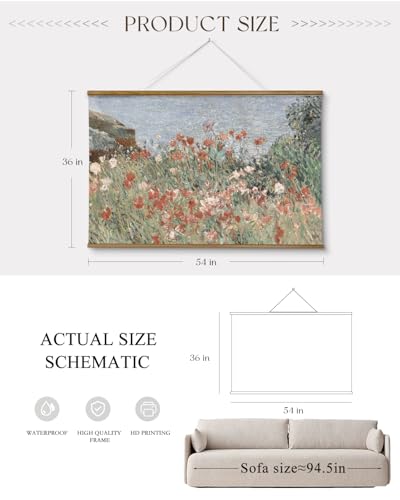 ARPEOTCY Extra Large Vintage Framed Wall Art, 36x54 Inch Retro Seaside Wildflower Hanging Framed Canvas Print Artwork, Rustic Landscape Living Room Decor, Farmhouse Above Bed Wall Decor - color: Beachside Poppies