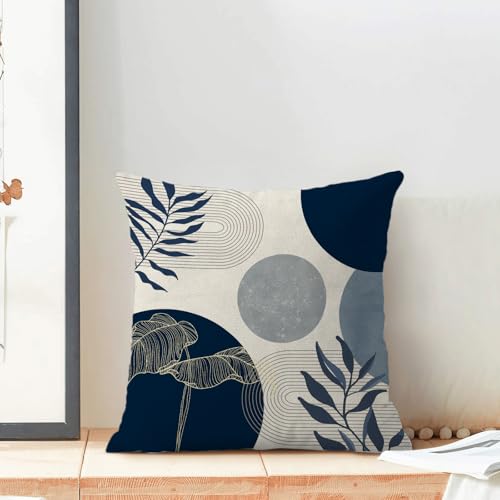Boho Pillow Covers 18x18 Inch Set of 2 Mid Century Navy Blue Throw Pillow Covers Outdoor Decor Modern Abstract Tropical Leaf Pillowcase Farmhouse Decorative Square Cushion Cover For Sofa Couch - color: Boho-navy Blue-b, size: 18" x 18" (Pack of 2)