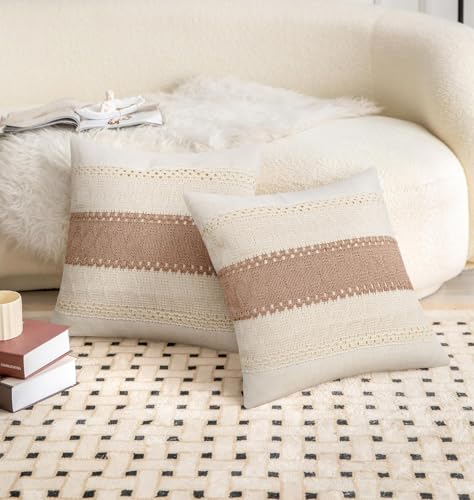 Pyonic Pack of 2 Boho Throw Pillow Covers 18x18 Inch Farmhouse Decorative Throw Pillows for Bed Sofa Living Room,Gray Modern Cushion Cover Couch Pillows Cover Home Decor - color: Beige+gray