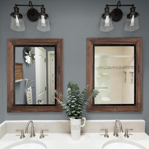 YOSHOOT Rustic Wooden Framed Wall Mirror, Natural Wood and Iron Bathroom Vanity Mirror for Farmhouse Decor, Vertical or Horizontal Hanging, 60" x 30", Brown - color: Brown, size: 60"L x 30"W