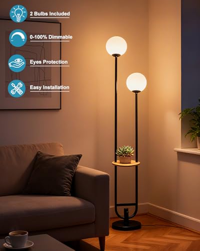63IN 2-Globe Floor Lamp Dimmable Tall Standing Lamps with Table 3000K Warm White Unique Vintage Modern Mid Century Floor Lamp with 5Lbs Heavy Base for Living Room-Black - color: 2 Globe-Black