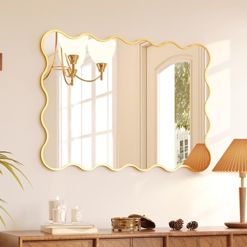 Kelly Miller 30x40 Inch Gold Scalloped Mirror, Large Rectangular Wavy Edge Bathroom Vanity Wall Mirror Decorative for Bedroom Living Room Entryway Fireplace Mantle - size: 40"L x 29.2"W