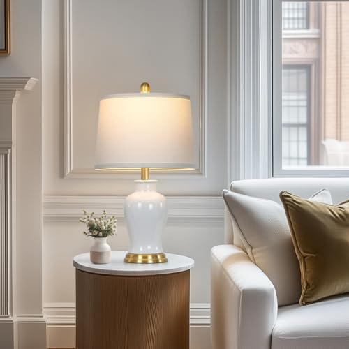 Modern Ceramic Table Lamps Set of 2, 23" White Ceramic Lamps for Living Room, Rustic Farmhouse Bedside Lamp with Ginger Jar Design, Elegant Bedroom Lamp for Nightstand Desk Side End Table Home Decor - color: White