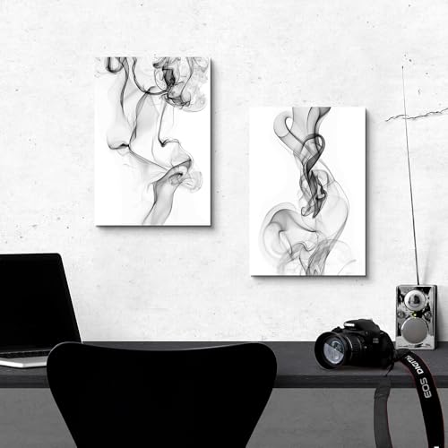 ArtSquare Abstract Canvas Wall Art: 2 Pieces Black and White Minimalist Painting Modern Ink Smoke Picture for Bedroom - color: black and white, size: 11”x16”x2