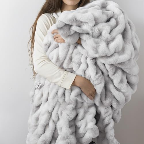 WDCOZY Ruched Faux Fur Throw Blanket Soft Cozy Fluffy Luxurious Blankets Couch Bed Sofa Chair Home Decor Warm Furry Fall Winter Plush Rabbit Fur Bubble Blanket 60" x 80", Grey - color: Grey, size: Twin (60" x 80")