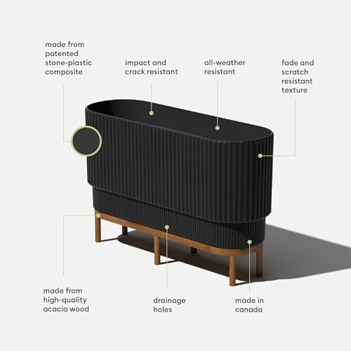Veradek Demi Series Raised Long Planter for Indoor/Outdoor Use | Made from Plastic & Stone w/Wooden Stand | Modern Patio Décor for Flowers/Shrubs - color: Black/Brown, size: 30 inch - 2 Pack