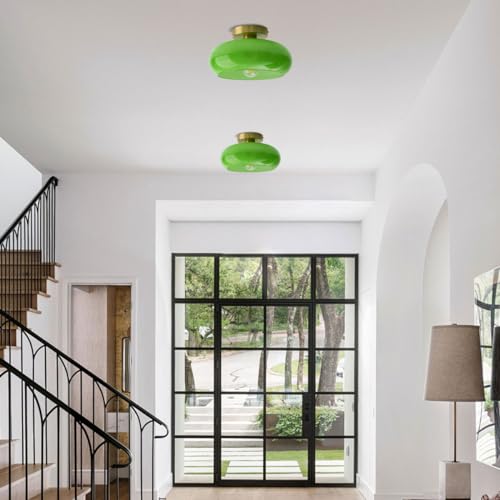 Green Ceiling Light - Mid Century Modern Flush Ceiling Light with Milk Glass Globe and Dark Green Lamp Shade in Brushed Brass for Dining Room - color: Flush-Green