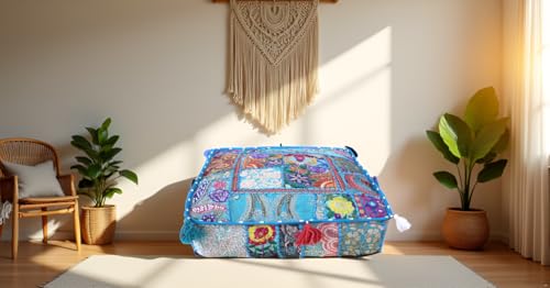 CRAFT KALA Indian Square Patchwork Traditional Pouf Cover Indian Living Room Poufs Decorative Embroidered Designer Ottoman Home Living Footstool Chair Cover Decor Pillow Cover 22x22x5 inches, Sky Blue - color: Sky Blue, size: 22"D x 22"W x 5"H