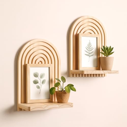 Artilady 2 Pack Boho Wood Wall Hanging Shelf - Handmade Rainbow Arch Floating Shelves Trinket Storage Rack Modern Wall Decor for Bedroom Living Room Nursery Bathroom - color: 1 Burlywood
