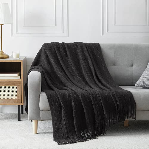 BOURINA Black Throw Blanket 50x60 Inches Throw Textured Solid Soft Sofa Couch Decorative Knit Blanket - color: Black, size: 50"x60"