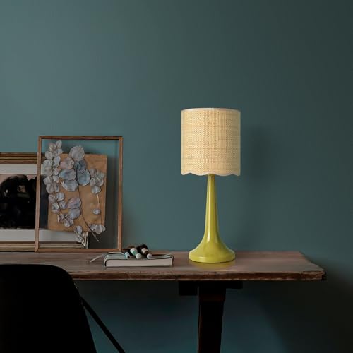 Green Rattan Small Table Lamp for Bedroom, Green Bedroom Lamps for Bedside Nightstand, Small Rattan Shade Table Shape Lamps for Small Spaces for Kitchen Counter, Home Office, Living Room, Kids Dorm - color: Green