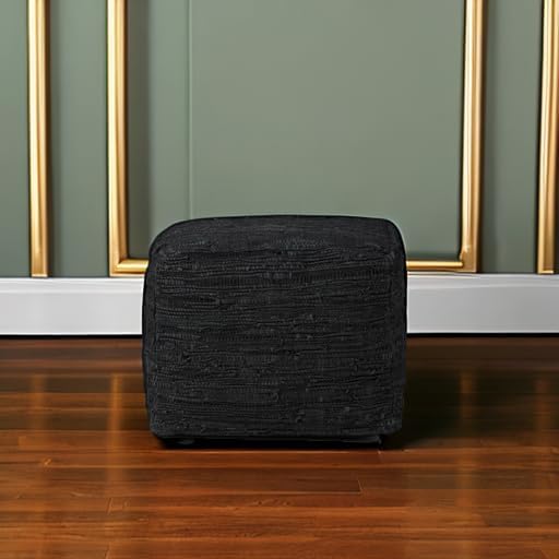 SIMPLIHOME Fredrik Square Pouf - 18 inch Wide Genuine Woven Leather Ottoman in Black, Boho-Style Footstool or Extra Seating for Living Room or Bedroom with Polystyrene Bead Filling, Assembled