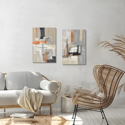 ArtSquare Modern Abstract Canvas Wall Art: 2 Pieces Hand Painted Textured Painting Colorful Minimalist Artwork for Bedroom - color: neutral, size: 24”x16”x2