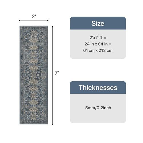 Bavni Washable Runner Rug 2x7, Non Slip Long Hallway Rug, Vintage Print Low Pile Ultra Thin Washable Carpet for Kitchen Bedroom, Blue - color: Blue, size: 2' x 7' (Rectangular)