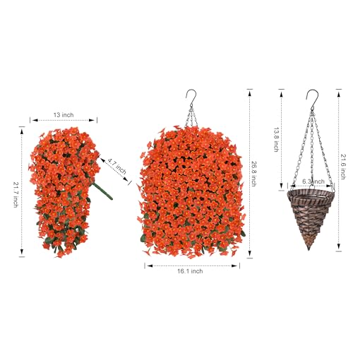 Artificial Fake Hanging Flowers Plants Baskets for Outdoor Outside, Faux Silk Orange Daisy Mums Trailing Vines in Planter Realistic UV Resistant for Balcony Porch Decor - color: Orange