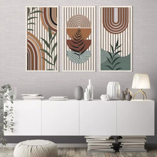 IARTTOP Large Boho Wood Wall Art 16x32 Inch Mid Century Modern Bohemian Wooden Wall Decor Brown Minimalist Geometric Plant Decor for Bedroom Living Room Dining room Set of 3 - color: Brown mid-modern century, size: 16 x 32 inches