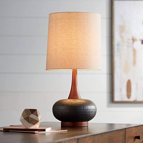 360 Lighting Andi Mid Century Modern Table Lamp 24.5" High Hammered Bronze Ceramic Wood Off White Tall Drum Shade for Living Room Bedroom House Bedside Nightstand Home Office (Color May Vary) - color: Wood and Dark Hammered Ceramic
