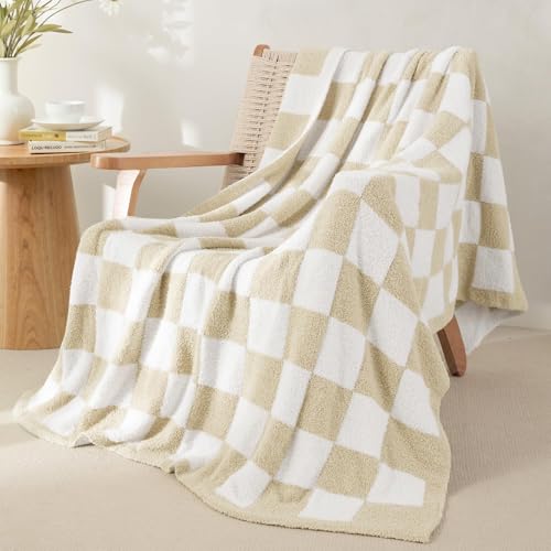 Whale Flotilla Checkered Knit Throw Blanket, Ultra Soft Warm Reversible Cozy Decorative Blankets for Couch Sofa and Bed, 50x60 Inch, Camel - color: Camel Checker, size: 50x60 Inch