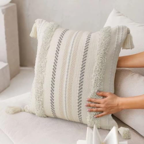 Set of 2 Boho Woven Decorative Throw Pillow Cover with Tassels White, 20"x20" - color: White, size: 20" x 20" (Pack of 2)