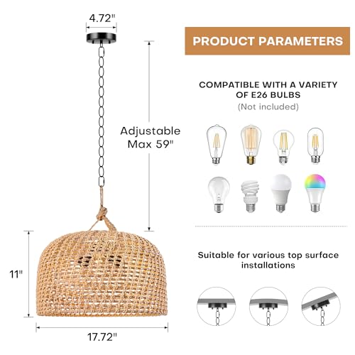 LamQee 18 Inch Rattan Farmhouse Chandelier, 3-Lights Boho Large Pendant Light with Dome Wicker Shade, Rustic Hand Woven Hanging Lighting Fixture for Dining Room, Kitchen Island, Entryway, Foyer - color: Natural