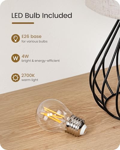 Small Bedside Table Lamp, Black Table Lamp with Metal Cage & Linen Lampshade, Modern Cute Desk Lamp, Cozy Nightstand Lamp for Bedroom, Living Room, Office, 2700K LED Bulb Included, E06TL05 - color: Beige + Black