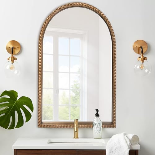 ironsmithn Gold Arched Mirror, 24"x40" Beaded Frame Arch Mirrors, Marlowe Decorative Accent Mirrors for Fireplace Bedroom Bathroom Living Room Entryway - size: 40"L x 24"W