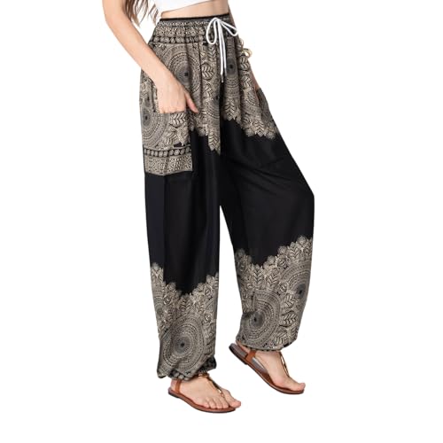 Tranquil Threads Women's Harem Pants with Pockets and Drawstring, Hippie Boho Yoga Clothes - color: Smokey Black, size: X-Small