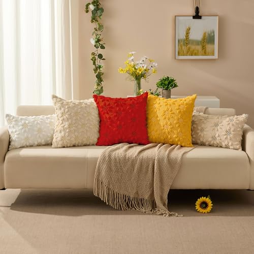 DFXSZ Spring Summer Pillow Covers 18x18 inch Set of 2 Farmhouse Decor Brown Flower Heart Sunflower Red Soft Plush Faux Fur Jacquard Throw Pillows for Sofa Holiday Spring Home Decor PTK024K18 - color: Red, size: 18" x 18" (Pack of 2)