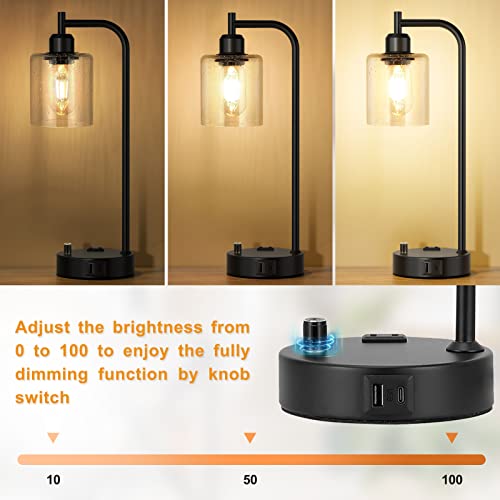 Industrial Table Lamps for Bedrooms Set of 2 - Fully Dimmable Bedside Lamps with USB A and C Ports and Outlet, Black Nightstand Lamps with Glass Shade for Living Room, Desk Lamps for Office Reading - color: Seeded Clear
