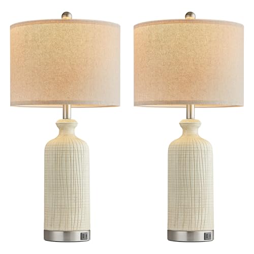 Living Room Lamps Set of 2, 27" Touch Lamps for Nightstand with USB A+C Ports, Modern Farmhouse Table Lamps for Bedroom, Beige - color: Beige