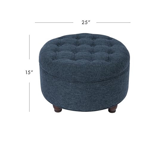 Homepop Home Decor | Large Button Tufted Woven Round Storage Ottoman for Living Room & Bedroom (Navy Woven) 25 inch D x 25 inch W x 15 inch H - color: Navy