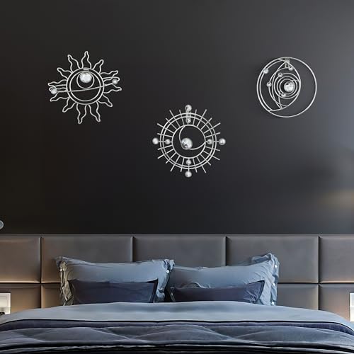 Silver Metal Wall Art, Abstract Sun Moon Star Decor, Modern Line Art Valentine Decorations, Mystical Star Circle Planet Handmade Wall Valentine Decor for Living Room Kitchen Office 9 inch - color: Multi Color