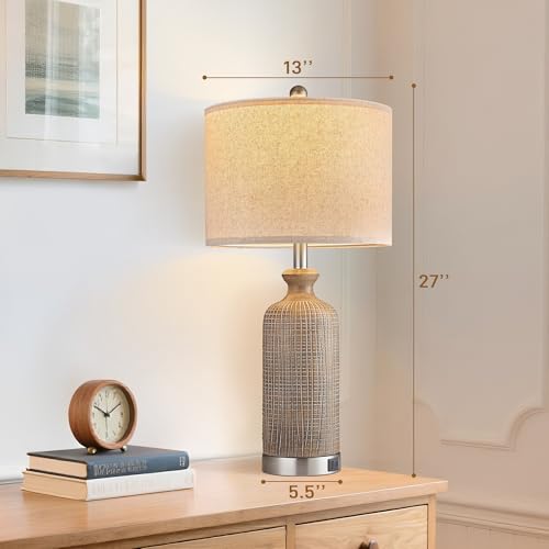 Living Room Lamps Set of 2, 27" Touch Lamps for Nightstand with USB A+C Ports, Modern Farmhouse Table Lamps for Bedroom, Wood Grain, Ceramic - color: Wood Grain