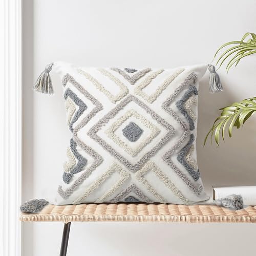 Boho Pillow Covers 18X18 Inch Boho Tufted Throw Pillow Covers Decorative Tassels Cushion Cover Farmhouse Pillow Case for Couch Sofa Bed Living Room Bedroom, Grey Netural - color: Boho Multi-grey, size: 18" x 18" (Pack of 1)