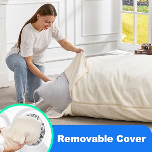 Hobestluk 3 in 1 Bean Bag Chair Giant Bean Bag Chairs for Adults with Plush Faux Fur Cover Convertible Bean Bag Floor Cushion with Machine Washable Cover for Living Room (Plush White) - color: Cream